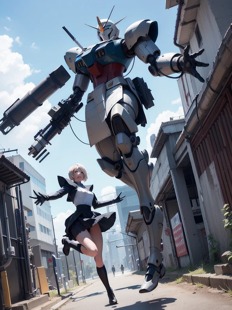 2b, nier automata, gundam mobile suit armor skirt, jumping out of tower, detailed mechanical armor, detailed mechanical skirt, highly detailed mecha design