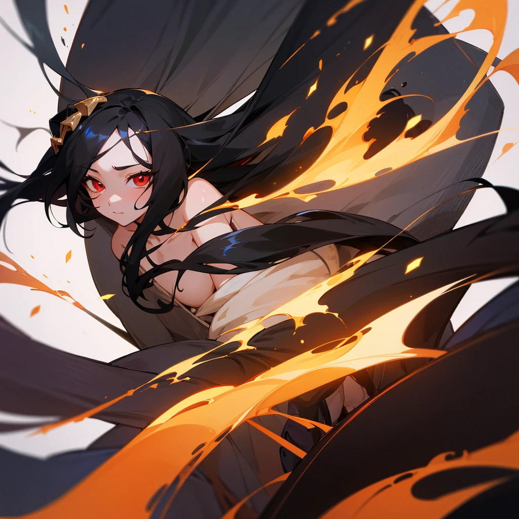 chest, 1 girl, black hair, red eyes, shill, long hairมาก, high resolution, quality, high resolutionสุด, long hair, shill, black hair, I closed one eye., Mouth open, beard, simple background, decorations, decorationsผม, Anime style,