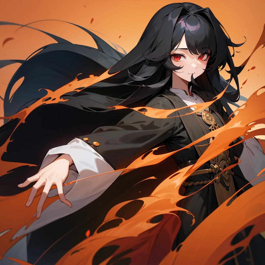 chest, 1 girl, black hair, red eyes, shill, long hairมาก, high resolution, quality, high resolutionสุด, long hair, shill, black hair, I closed one eye., Mouth open, beard, simple background, decorations, decorationsผม, Anime style, 