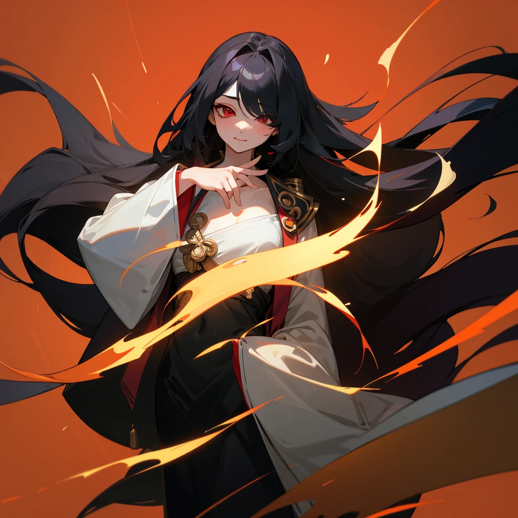 chest, 1 girl, black hair, red eyes, shill, long hairมาก, high resolution, quality, high resolutionสุด, long hair, shill, black hair, I closed one eye., Mouth open, beard, simple background, decorations, decorationsผม, Anime style,