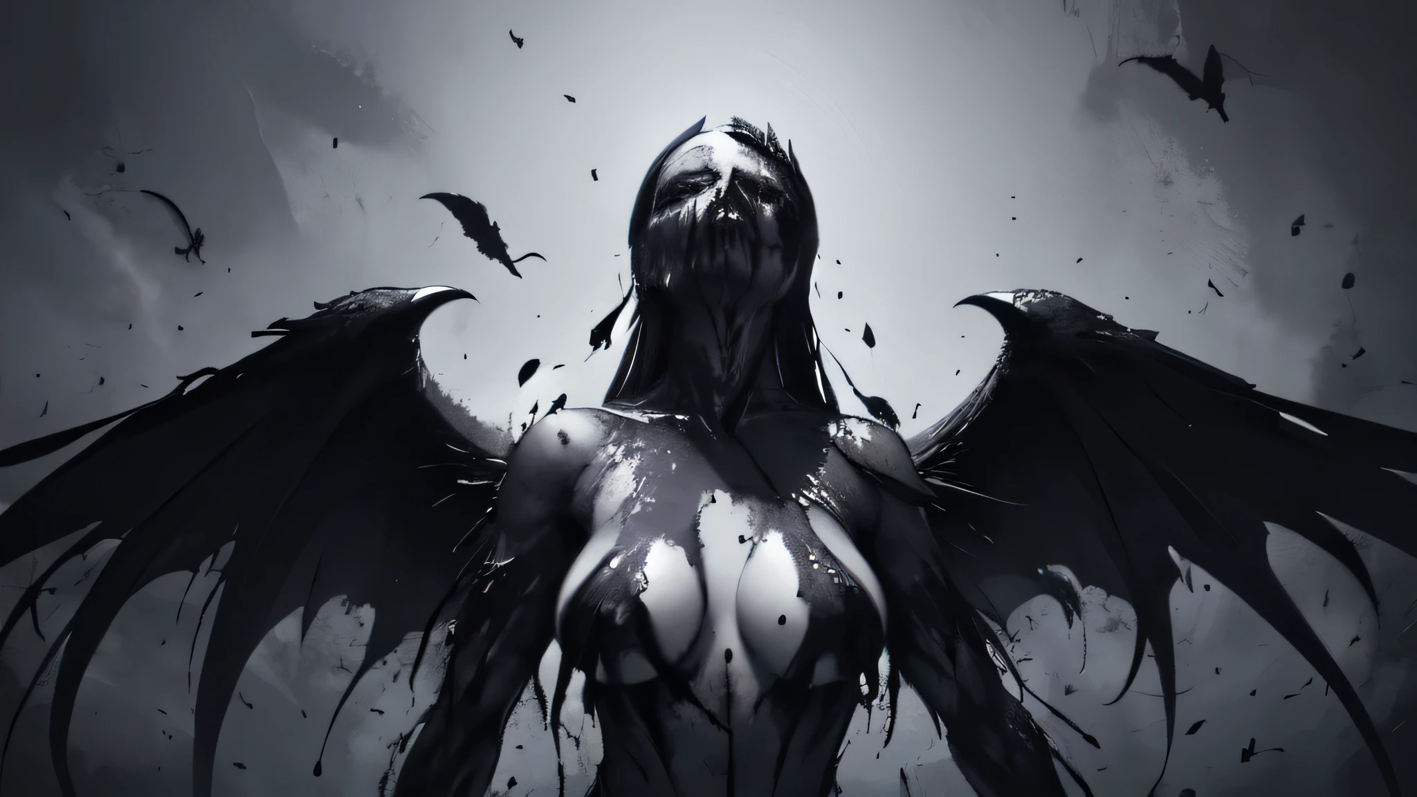 bs, solo, simple background, monochrome, upper body, greyscale, bodysuit, black background, 1other, monster, arms at sides, horror (theme) there is a large-breasted woman in the picture with her arms torn off and her face bleeding, ravens flying in the background, stocking, hot lingerie, big boobies, red paint splatted on it