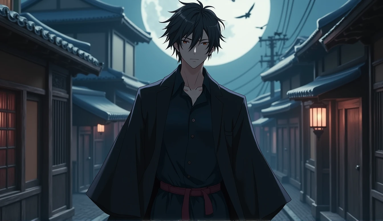 One Man in the Night City、Alluring Handsome Youth、30s、With a dark, brooding aura、Sophisticated and cynical、Black Hair、Dark Eyes、Always a gentlemanly figure、smart、slim、A fearless smile、Dark Night、Moon Night、Suspicious atmosphere、Traditional Kyoto cityscape、Lots of Crows、high resolution、Amazing Image、High Precision、High quality、Like the Latest Final Fantasy、Biologically correct、High Reality、Cinematic、Immersive Backgrounds、Breathtaking views、the best１Sheet、Decisive moment、