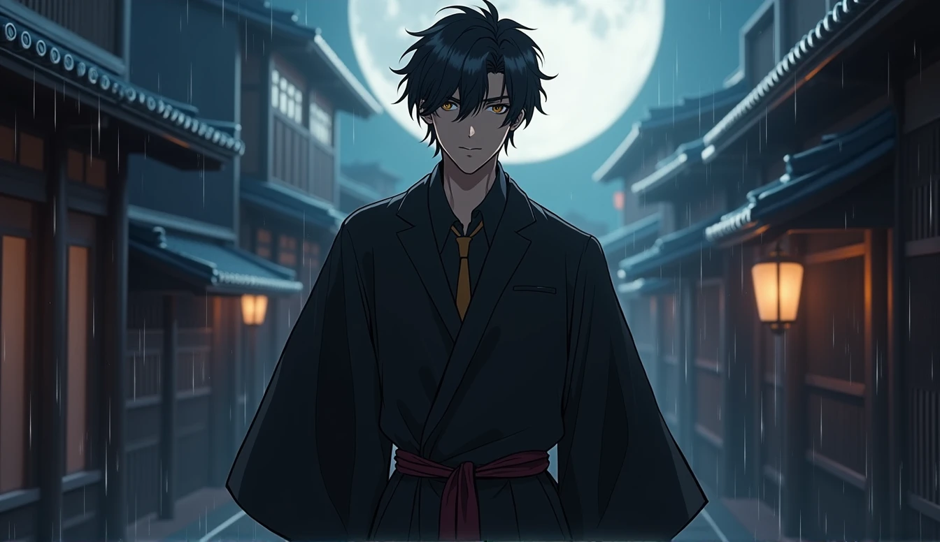 One Man in the Night City、Alluring Handsome Youth、30s、With a dark, brooding aura、Sophisticated and cynical、Black Hair、Dark Eyes、Always a gentlemanly figure、smart、slim、A fearless smile、Dark Night、Moon Night、Suspicious atmosphere、Traditional Kyoto cityscape、Lots of Crows、high resolution、Amazing Image、High Precision、High quality、Like the Latest Final Fantasy、Biologically correct、High Reality、Cinematic、Immersive Backgrounds、Breathtaking views、the best1Sheet、Decisive moment、