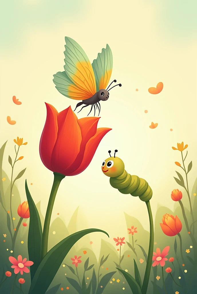 A cute cartoon drawing of a butterfly sipping nectar from a red tulip, with a caterpillar clinging to the stem.