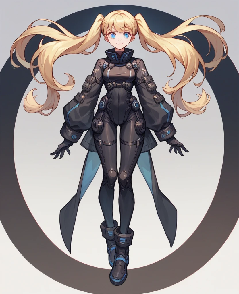 blue eyes,10 years old, Russian, smile, full body, twintails high bob dark blonde hair frinje, black catsuit, black bodysuit, front view