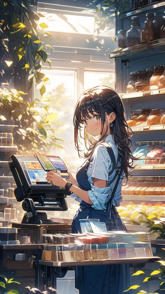 young woman,Facing forward,smile,((Standing inside the cash register)),Touching the cash register machine,Customer Service,((There is a cash register on the table)),(Scanning product barcodes at the cash register)),Supermarket clerk,Wearing an apron,uniform,((Working as a cashier)),((Cashier)),((cashier,register,)),((Receive money from customers)),There are products on the shelves,In the supermarket,Bright interior,grocery store