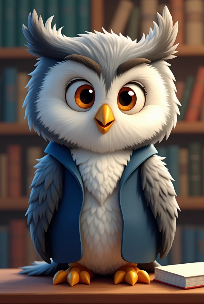 a cartoon picture of a gray-furred owl professor, smiling from ear to ear