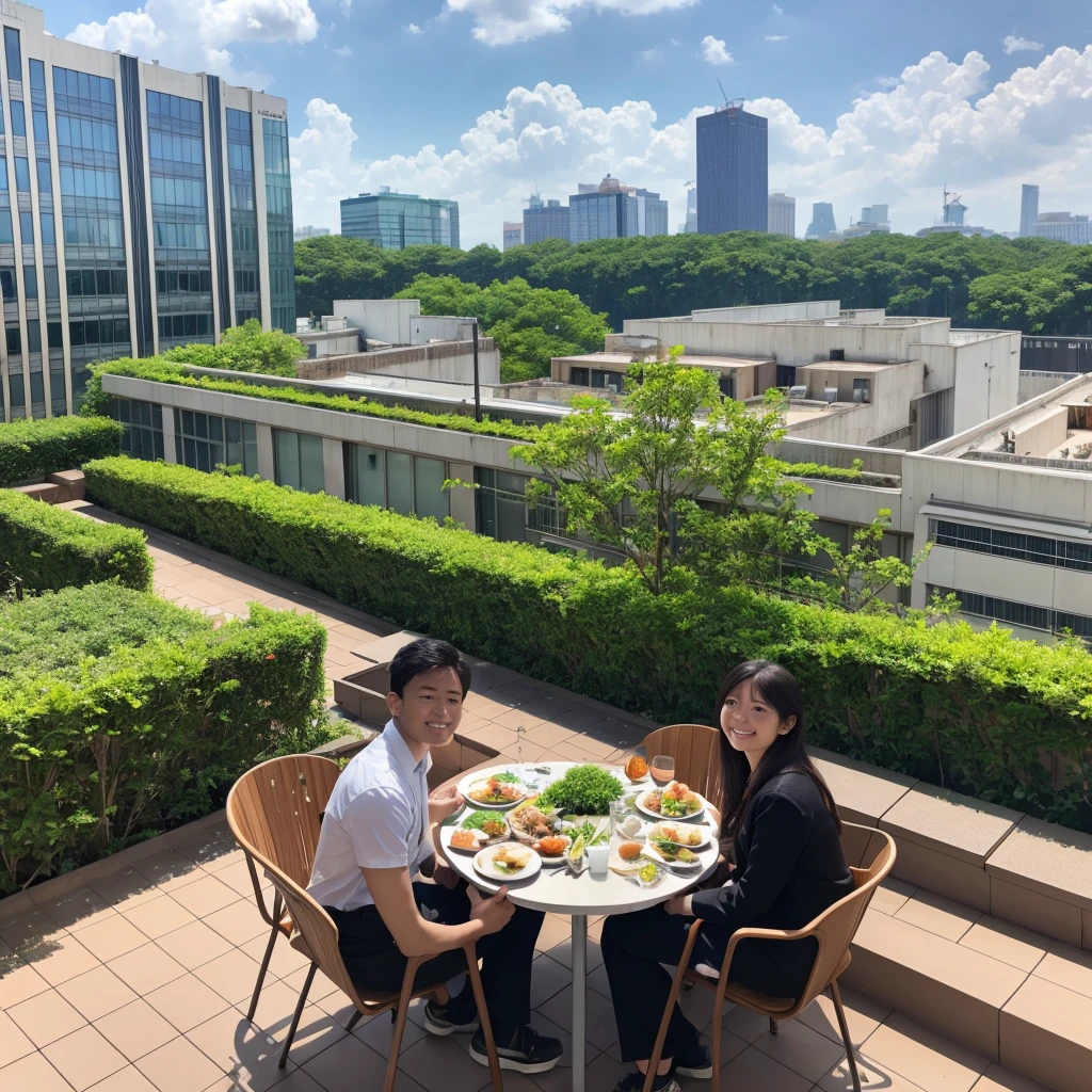 Lunch on the rooftop of the office building, overflowing with greenery
