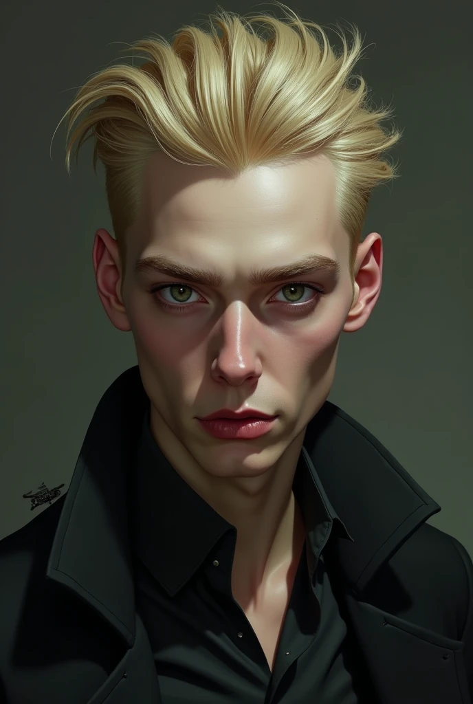 An unattractive blonde guy, short hair, long forehead, without eyebrows, square head, with shadows under the brows