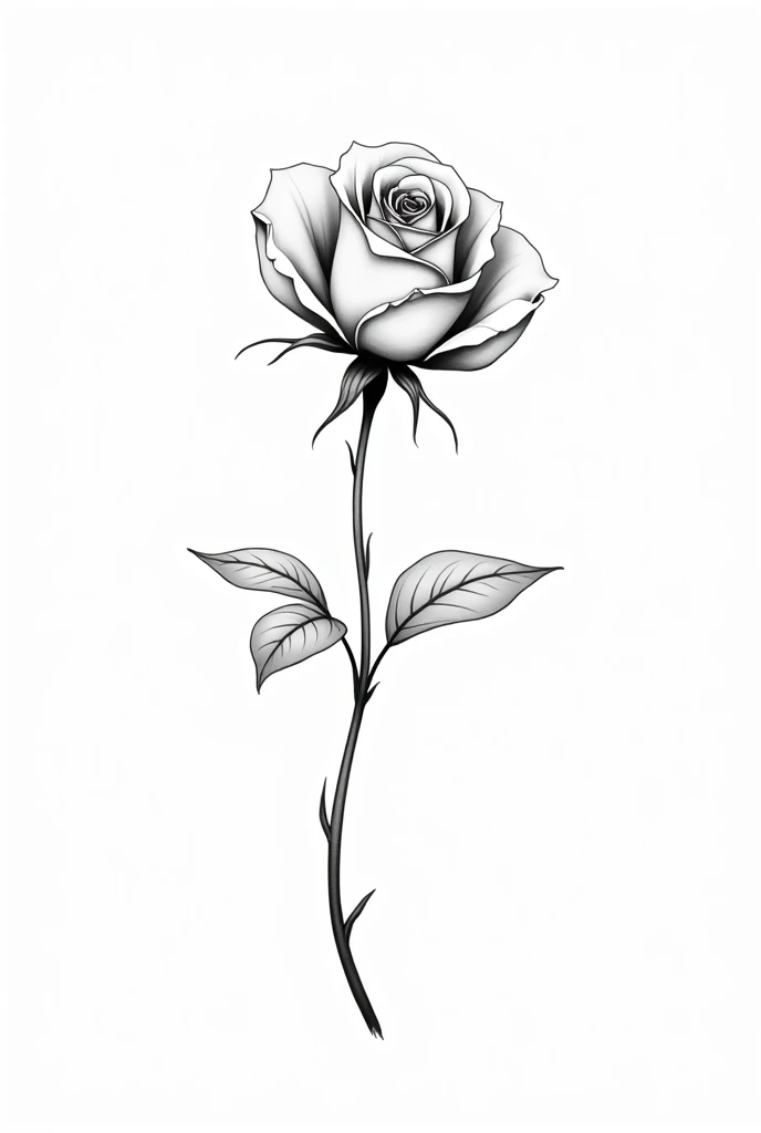 A white background with black line rose,(Flower and branch ratio:0.25),There are thin and long leaves on the flower branch,There are beautiful patterns on the rose