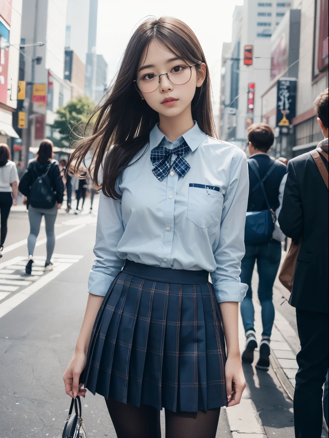 (8k、生photograph、Highest quality、masterpiece:1.2)、(Small eyes)、((Black Pantyhose))、((Small breasts)、(Small breasts)、(Small breasts)、(Cutting board)、(Cutting board))、((Half an eye))、((Sleepy eyes))、((Squint your eyes))、(Round Glasses)、Droopy eyes、One person、cute、JK、high school girl、Japanese women、(Are standing)、(PhotoReactive:1.37)、Photon Mapping、Real、(Very delicate face)、cute小さな顔、Brown eyes、(Red bow tie)、Radio City、Physically Based Rendering、Prospect、Character boundary depth、Blurred Background、photograph、girl、body、Beautiful feet、Long legs、Thin legs、(前hairが見える)、hair、lips、Blue_The目、Soft Nose、(Light blue shirt)、(Navy, blue and white plaid pleated skirt)、High school uniforms、See-through clothing、Thighs、black cotton socks、Nogizaka Idol、Japan Ido