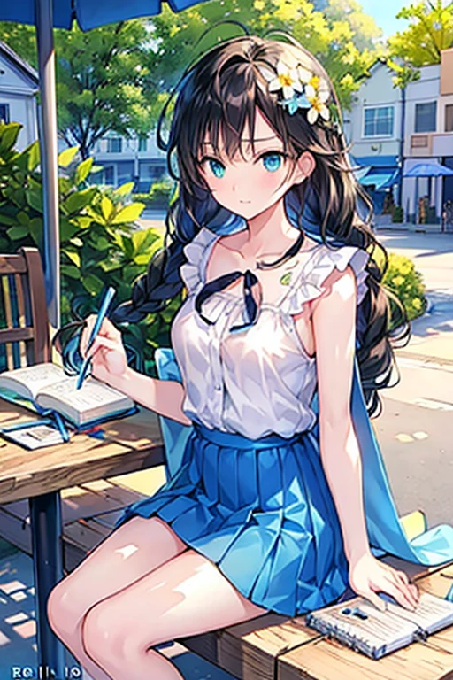 Tazune rirei, nsfw, 8k, ultra-detailed, Masterpiece, best quality, perfect lighting, aqua eyes, black hair, braid hair, green garden, flower garden, day, sunlight, outdoor cafe terrace, portrait, bokeh , bare arms, bare legs, summer sunny day, from forward, wooden table, sitting on wooden chair , blue frilled camisole, grey pleats skirt, serious face, ((studying at cafe, open textbook, notebook, pencil )), (ennui face)