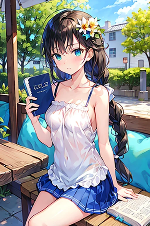 Tazune rirei, nsfw, 8k, ultra-detailed, Masterpiece, best quality, perfect lighting, aqua eyes, black hair, braid hair, green garden, flower garden, day, sunlight, outdoor cafe terrace, portrait, bokeh , bare arms, bare legs, summer sunny day, from forward, wooden table, sitting on wooden chair , blue frilled camisole, grey pleats skirt, serious face, ((studying at cafe, open textbook, notebook, pencil )), (ennui face)