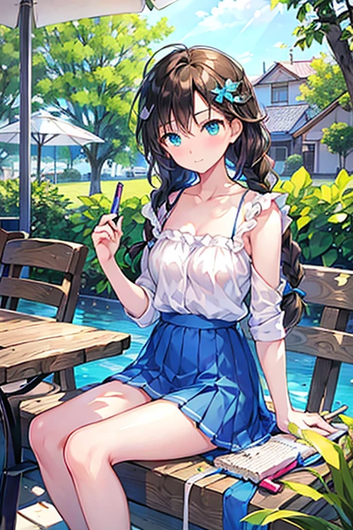 Tazune rirei, nsfw, 8k, ultra-detailed, Masterpiece, best quality, perfect lighting, aqua eyes, black hair, braid hair, green garden, flower garden, day, sunlight, outdoor cafe terrace, portrait, bokeh , bare arms, bare legs, summer sunny day, from forward, wooden table, sitting on wooden chair , blue frilled camisole, grey pleats skirt, serious face, ((studying at cafe, open textbook, notebook, pencil )), (ennui face)