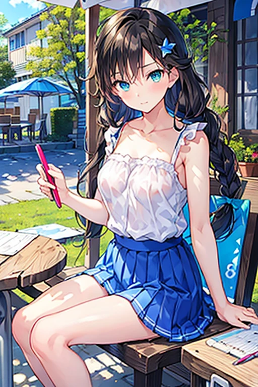 Tazune rirei, nsfw, 8k, ultra-detailed, Masterpiece, best quality, perfect lighting, aqua eyes, black hair, braid hair, green garden, flower garden, day, sunlight, outdoor cafe terrace, portrait, bokeh , bare arms, bare legs, summer sunny day, from forward, wooden table, sitting on wooden chair , blue frilled camisole, grey pleats skirt, serious face, ((studying at cafe, open textbook, notebook, pencil )), (ennui face)