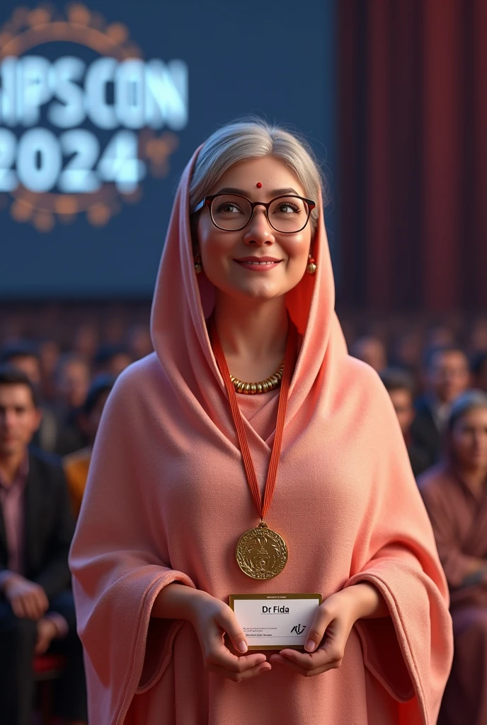 Create a photorealistic image of Dr.Fida (include name tag Dr.Fida) wearing a peach chikankari and a shawl around her head winning a medal in psychiatry quiz with a background of a stage on which people are sitting and its written SIPSCON 2024 in the background