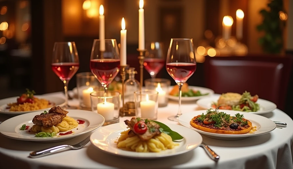 Create an elegant and sophisticated BGM album cover image.。Please include the following elements: background: Restaurant interior。Warm lighting、Luxurious table setting(White tablecloth、Silver cutlery、Red Wine Glass、Candles etc.)Contains。 central: Several beautifully presented plates of food。The food is colorful、Something that looks delicious。