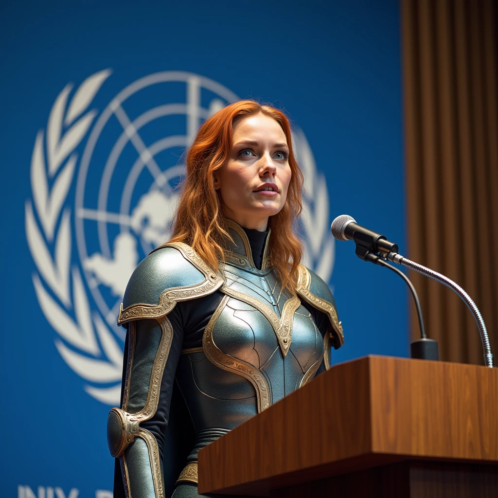 Standing and making a speech at the United Nations, in front of the lectern with a microphone, under the UN flag, a woman 30 years old white woman she has wavy hair, she has red and blond hair, blue eyes, slim face and nose, slim, wearing a futurist long royal dress, mix of armor and dress, intense gazing eyes, ultra-resolution, intricately detailed, medium shot, low angle,