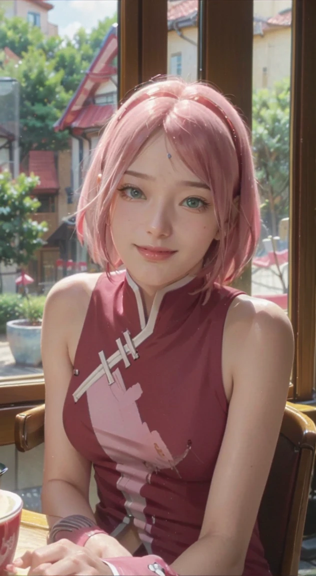 beautiful sakura haruno , pink hair girl, ((red dress)), adolable , 15 year old girl, sitting at the dining table, Sunlight outside the window, (smile of her beautiful face) beautiful smile, big smile, happy face on birthday , White teeth