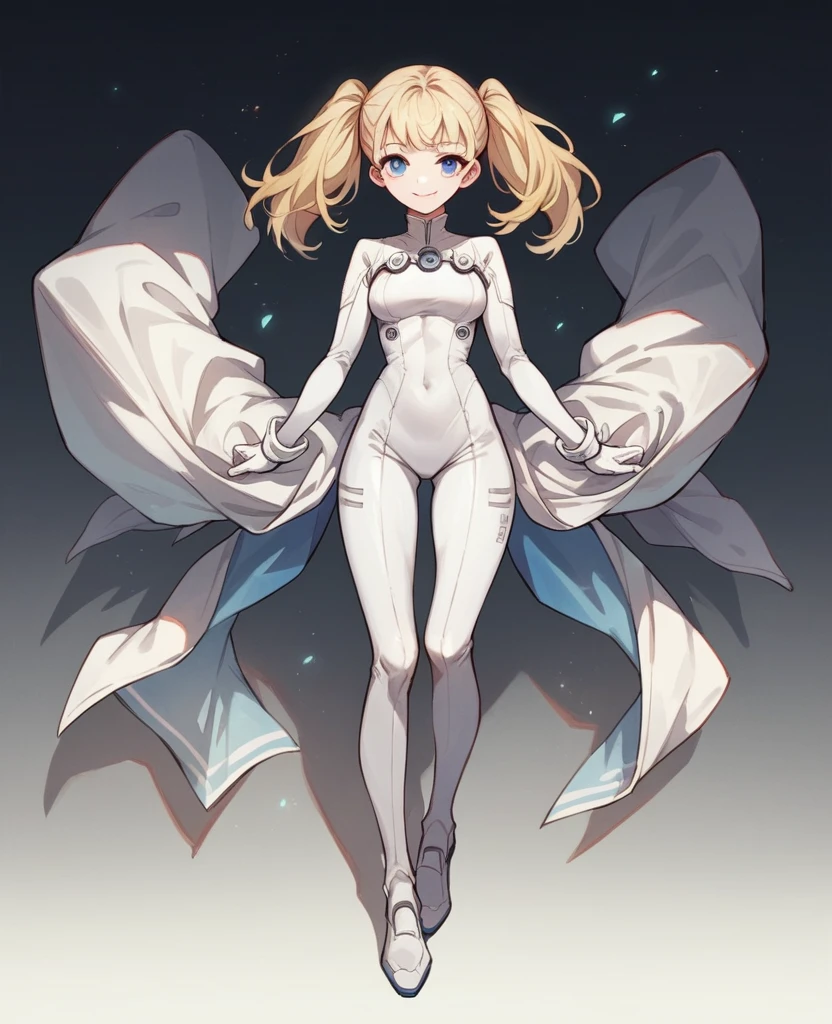 blue eyes,, Russian, smile, full body, twintails high bob love blonde hair frinje, white catsuit, white bodysuit, front view