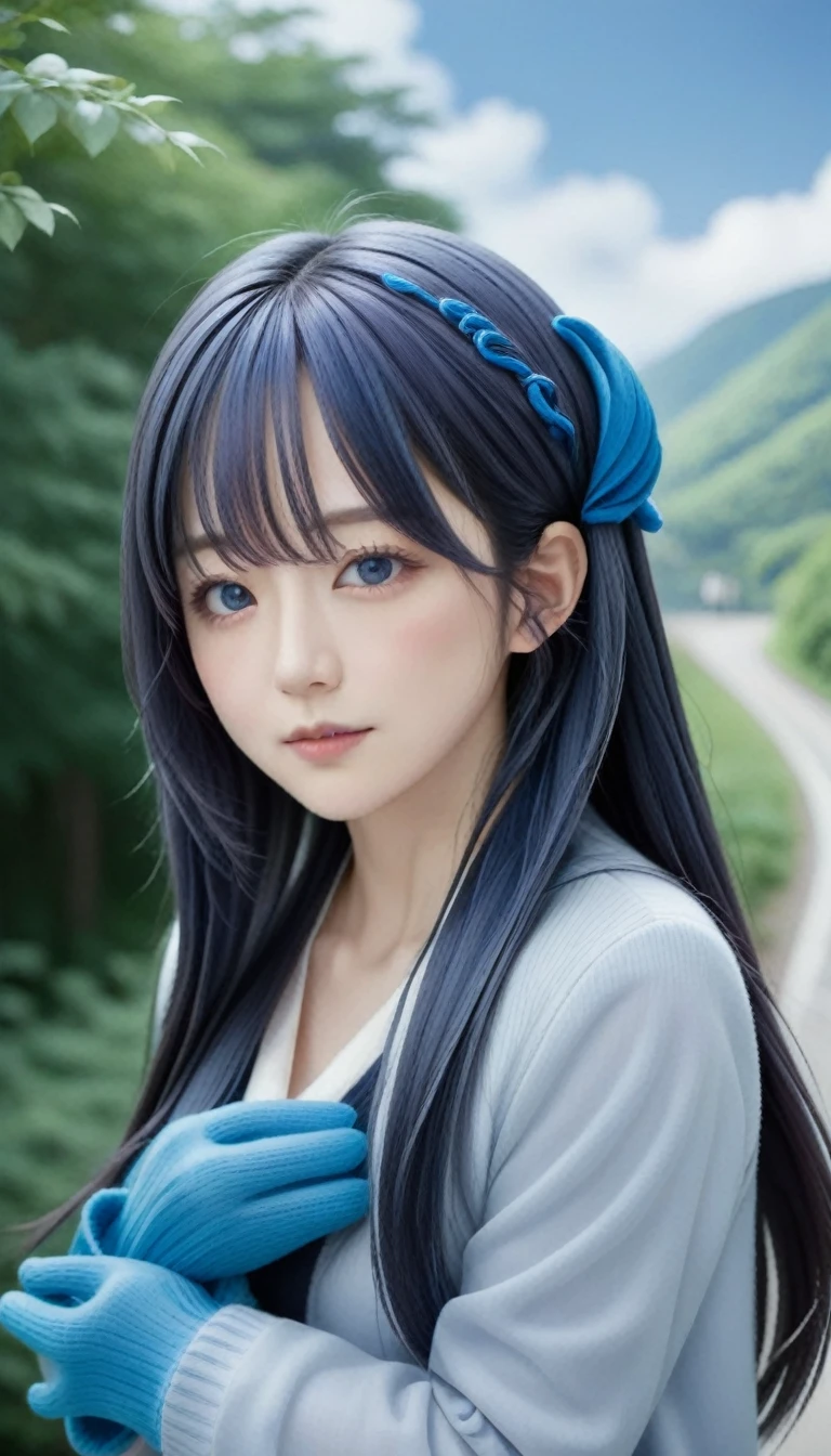 masterpiece, Highest quality, so beautiful, Absurd, One girl, _Lady, ,One girl, Furina \(Genshin Impact\), Genshin Impact, blue eyes, Blue Hair, Long Hair, Multicolored Hair, Have, Ahoge, gloves, Gray Hair, top Have, Blue hat,By train,Blur the background,Background blur,