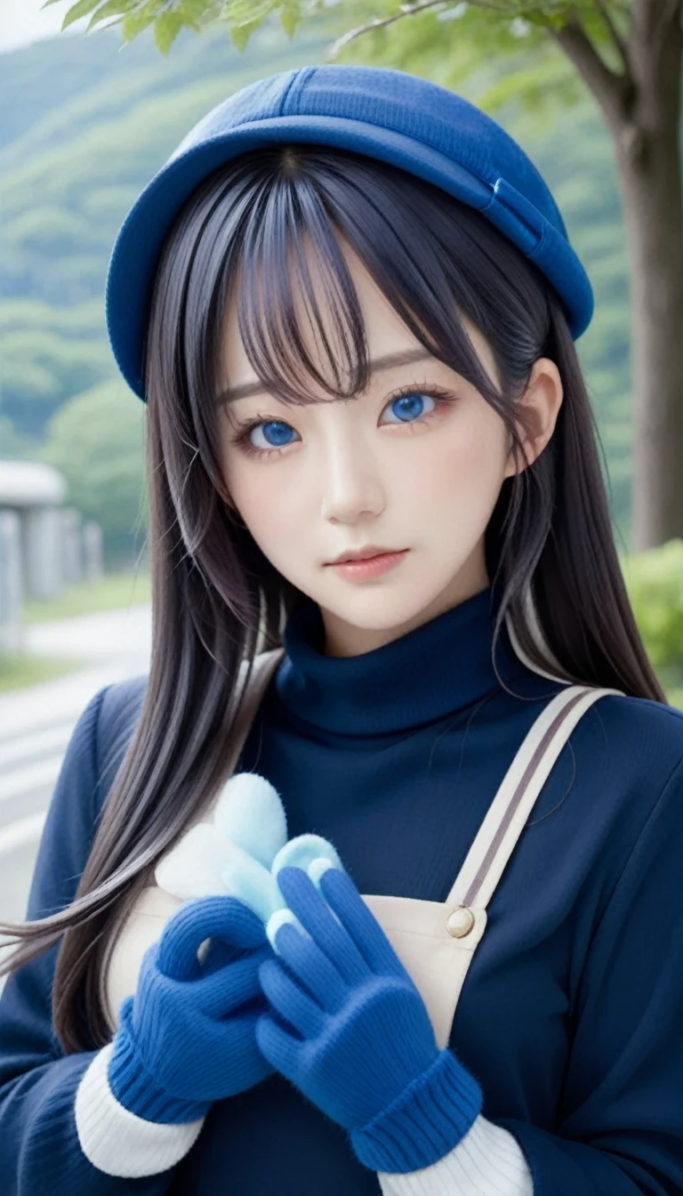 masterpiece, Highest quality, so beautiful, Absurd, One girl, mature_Lady, ,One girl, Furina \(Genshin Impact\), Genshin Impact, blue eyes, Blue Hair, Long Hair, Multicolored Hair, Have, Ahoge, gloves, Gray Hair, top Have, Blue hat,By train,Blur the background,Background blur,