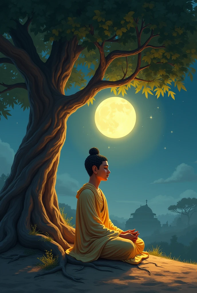 Create an image depicting Siddhartha Gautama, the Buddha, sitting in serene meditation under the Bodhi tree, moments before his enlightenment. The setting is a peaceful night with the full moon illuminating the scene. The Bodhi tree should have large, lush leaves with roots extending into the ground, symbolizing deep connection to the earth. Siddhartha, dressed in simple robes, sits cross-legged, with a calm, focused expression. Surrounding him, there is a soft, golden aura representing his impending enlightenment. In the background, hints of a distant, ancient Indian landscape can be seen, with a few stars twinkling in the sky.









