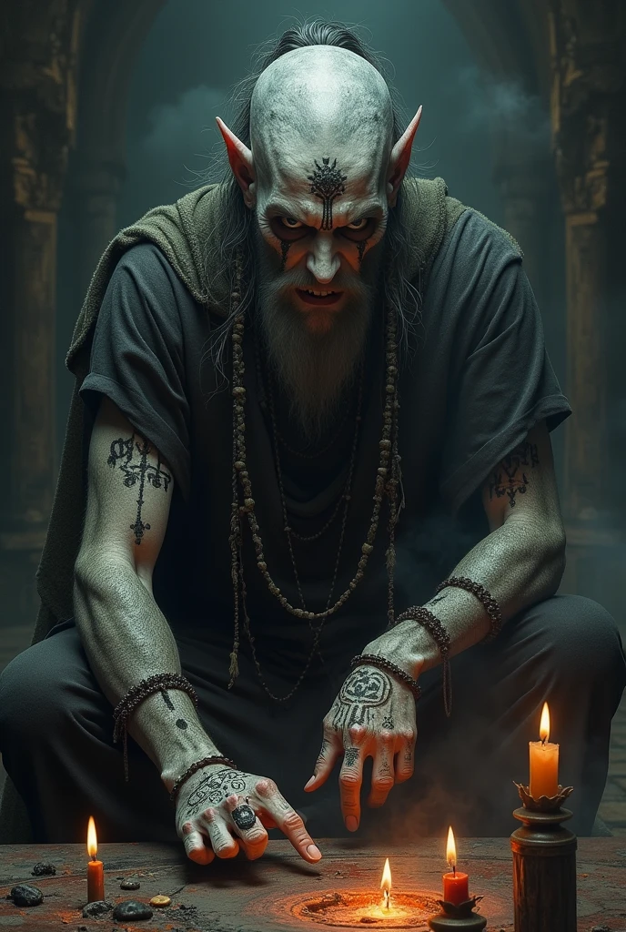 Tantrik doing black magic no horns aghori type mess dress and face white rakh no horns and only forehead with rakh