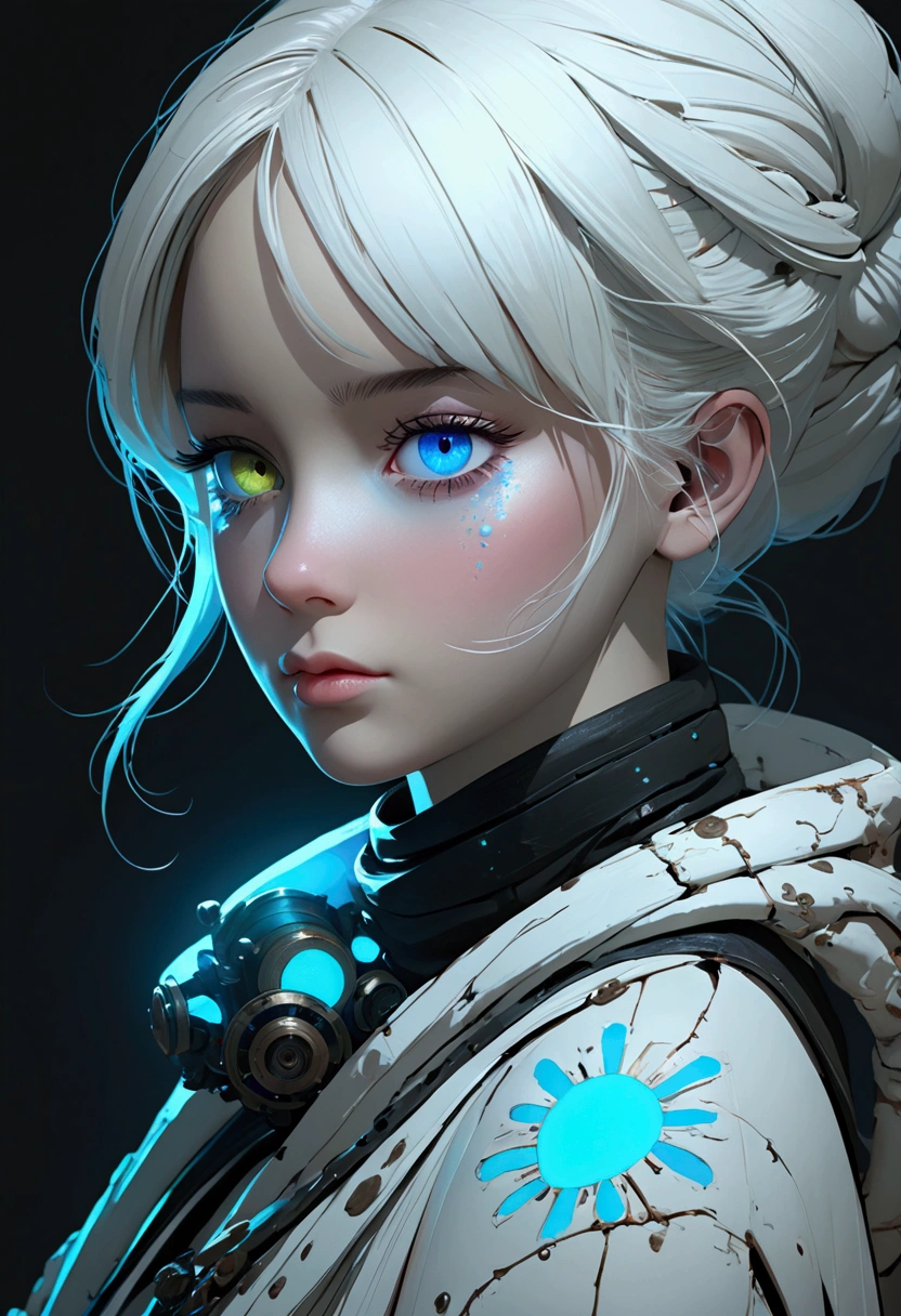 Siberia,Strange,make up,Heterochromia,Intricate details,elegant,8K resolution,Realistic rendering,(Ashley Wood Style:1.2),(Nick Vicesi Style:0.6), Chemiluminescence,1 girl,