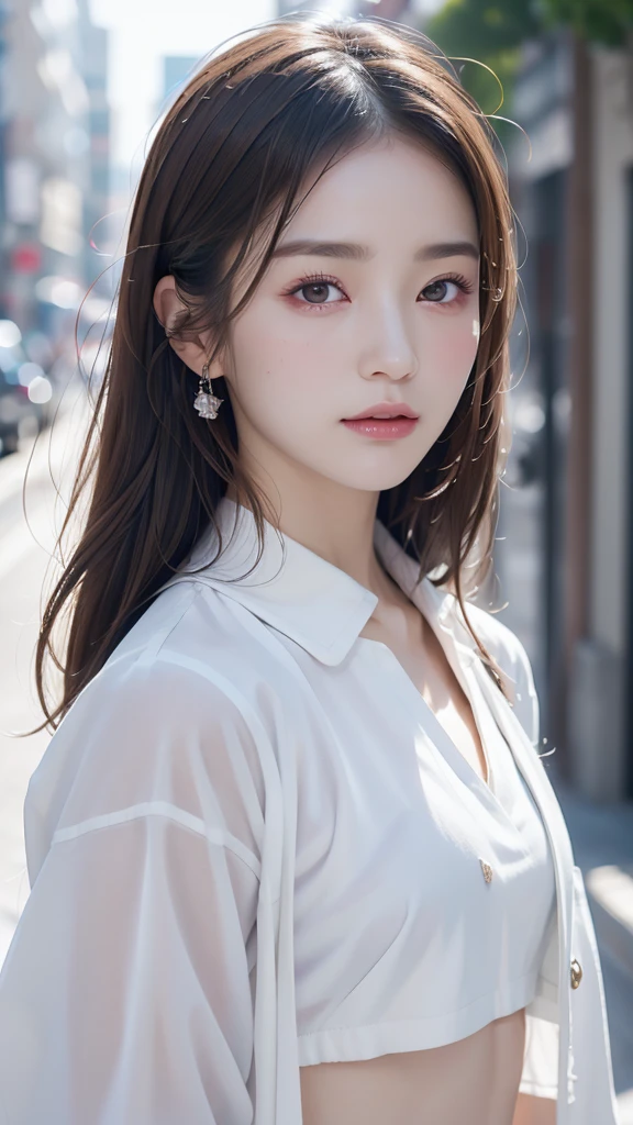 masterpiece, highres, screen shot, best quality, 1girl, (scar on left eye), white cropped jacket, highly detailed, rule of thirds, jewelry, long hair, bangs, hair between eyes