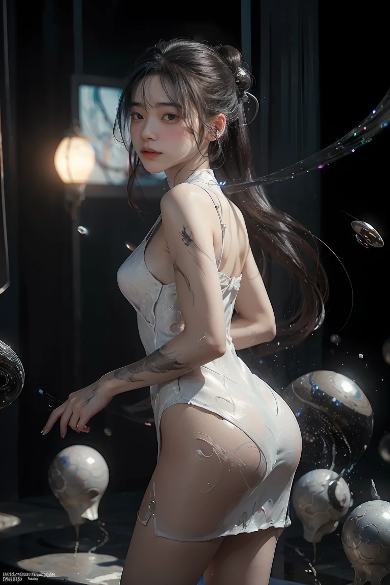 ((masterpiece, best quality)), ultra detailed 8k, photorealistic, sharp focus, highly detailed, professional lighting , shadowmancer, photo of a woman, ink particle, ((swirling black ink floating around)), futuristic fantasy, futuristic white dress, dynamic pose, realistic, masterpiece, intricate details, detailed background, depth of field,