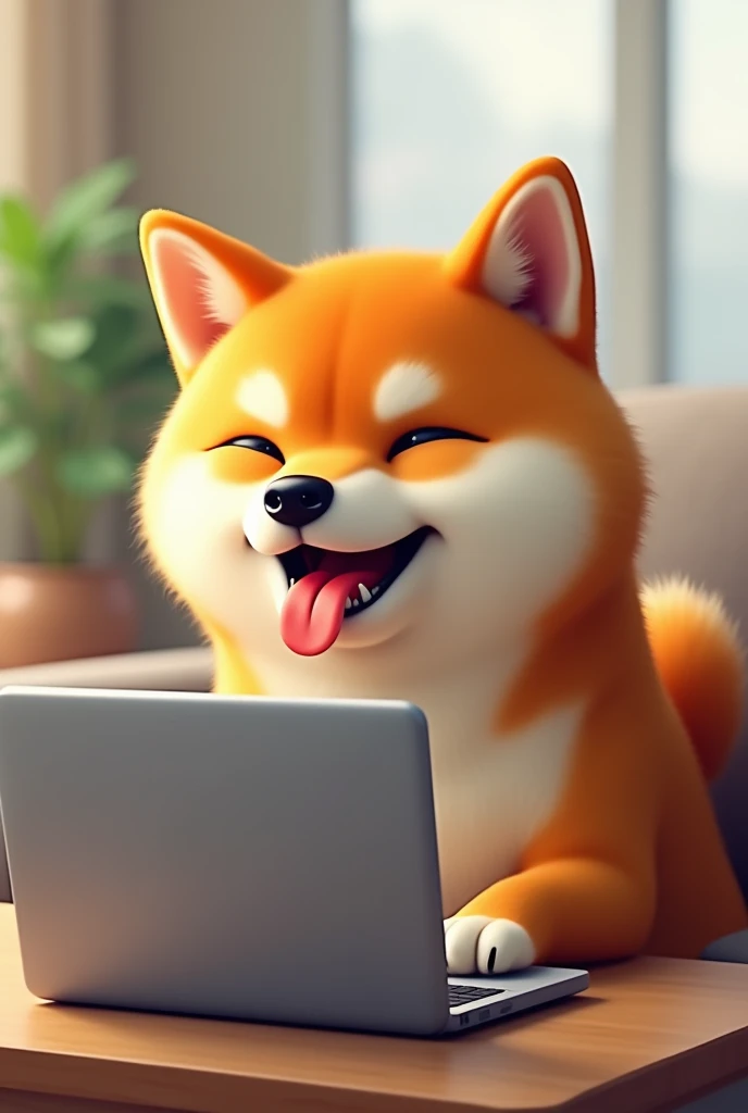 A Shiba Inu is laughing while operating a laptop.。