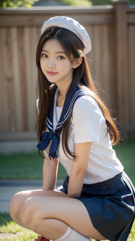 (A gorgeous Japanese idol, age 22 , squatting in a class, wearing seifuku, school uniform, sailor moon, jk uniform, high-school uniform, red ribbon, sailor hat, knee high socks, 

Easygoing expressions, kind smile, dimpled chins, cute snaggle-tooth, short bob hair ponytail, symmetrical face, realistic detailed face, beautiful detailed eyes, perfect body proportions, hourglass figure, ample round bosoms, medium breasts,

Raw photo, photorealistic, realistic portrait, hyper-realism, high contrast, ultra HD, realistic skin textures, top image quality, top-quality, super high resolution, fine details, very meticulously, masterpiece, medium shot,  close-up shot, cowboy shot, High Angle Shot, bokeh background, SFW, Safe For Work)