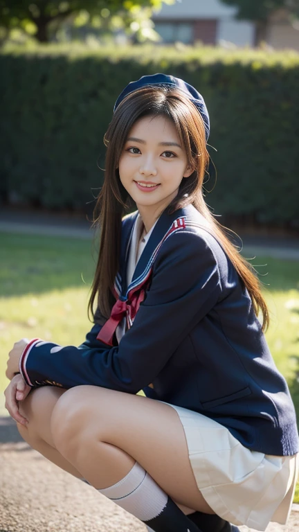 (A gorgeous Japanese idol, age 22 , squatting in a class, wearing seifuku, school uniform, sailor moon, jk uniform, high-school uniform, red ribbon, sailor hat, knee high socks, 

Easygoing expressions, kind smile, dimpled chins, cute snaggle-tooth, short bob hair ponytail, symmetrical face, realistic detailed face, beautiful detailed eyes, perfect body proportions, hourglass figure, ample round bosoms, medium breasts,

Raw photo, photorealistic, realistic portrait, hyper-realism, high contrast, ultra HD, realistic skin textures, top image quality, top-quality, super high resolution, fine details, very meticulously, masterpiece, medium shot,  close-up shot, cowboy shot, High Angle Shot, bokeh background, SFW, Safe For Work)