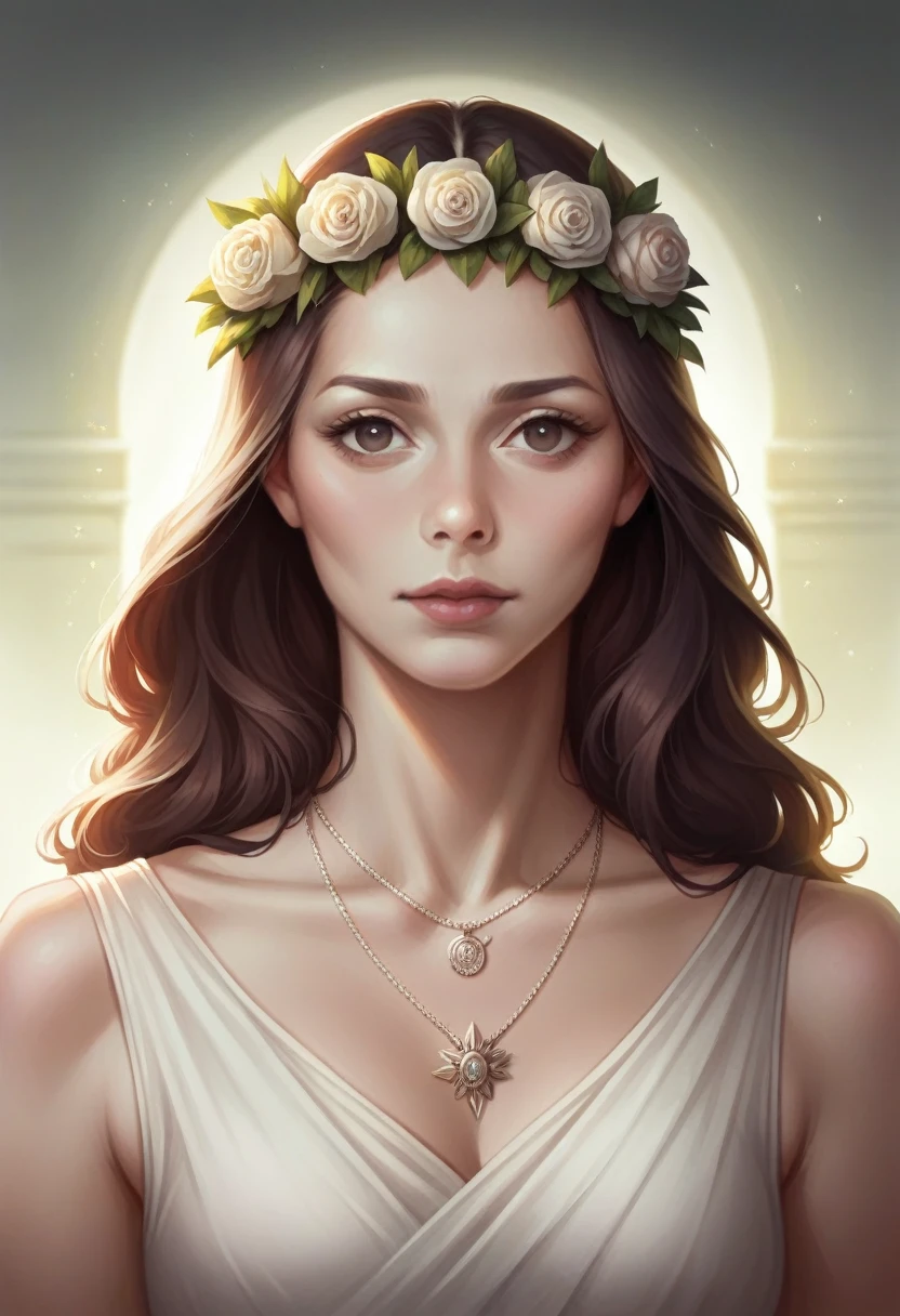 a beautiful young woman in a sensual pose, detailed face and expression, tousled hair, delicate skin, floral crown, necklace, sheer white dress, natural light, cinematic composition, warm color palette, dramatic lighting, fine art portrait, photorealistic, highly detailed, 8k