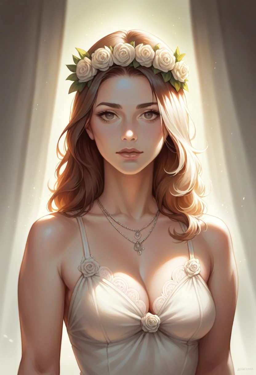 a beautiful young woman in a sensual pose, detailed face and expression, tousled hair, delicate skin, floral crown, necklace, sheer white dress, natural light, cinematic composition, warm color palette, dramatic lighting, fine art portrait, photorealistic, highly detailed, 8k