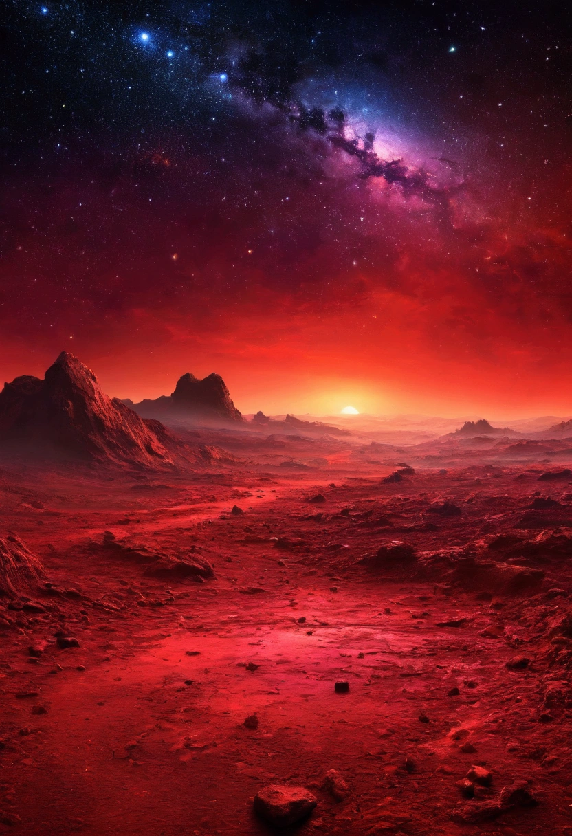 Imagine a space battlefield scene ,Mahabharat background, blood on the floor and background, stars in sky, dusk scene, space. red hue all over the background, abstract