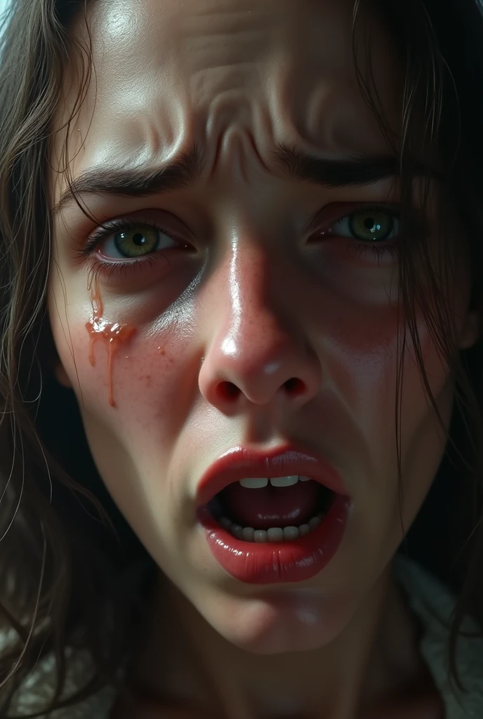Crying woman zoomed face real 