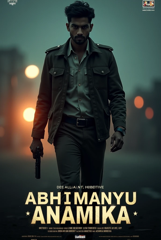 wide range In a wide place A smart handsome young under suspension Indian police officer without uniform who escaped from prison investigating a unsolved murder case and searching for something running film poster dark and real image which is written ABHIMANYU ANAMIKA DIRECTED BY ABHIJEET