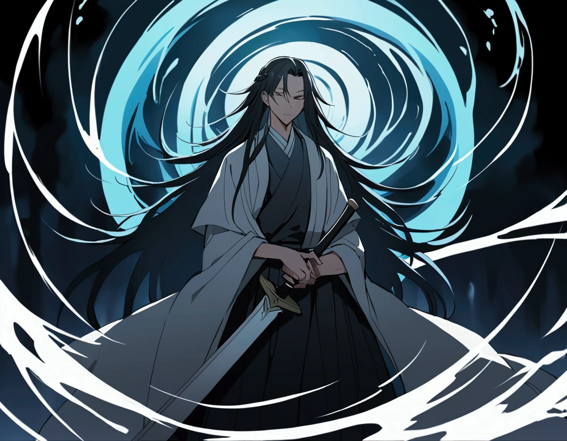 A long-haired anime man with a sword and a water vortex in the background