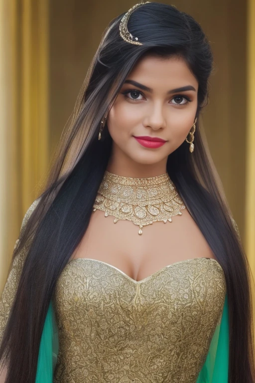 (best quality,4k,8k,highres,masterpiece:1.2),ultra-detailed,(realistic,photorealistic,photo-realistic:1.37) a beautiful indian goddess, slim figure, intricate ornate costuming, long flowing hair, provocative pose, deep cleavage, full-length photo, extremely detailed, hyperrealistic, photorealistic, 8k, cinematic lighting, dramatic colors, hindu aesthetic, stunning beauty, masterpiece