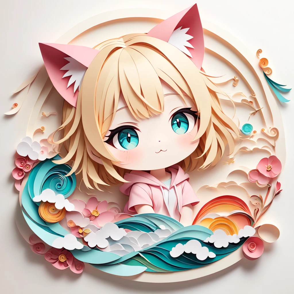 Cat ears of the same color as the hair、Paper cutting art,(Flat paper cutout,Paper Art,layered Paper Art,Paper Quilting, Digital Art),against a pure white background, girl,Blonde Hair Color、Cat ears of the same color as the hair、Turquoise Eyes、Pink short sleeve hoodie、(Attention to detail, masterpiece, Highest quality, Ultra-high resolution)