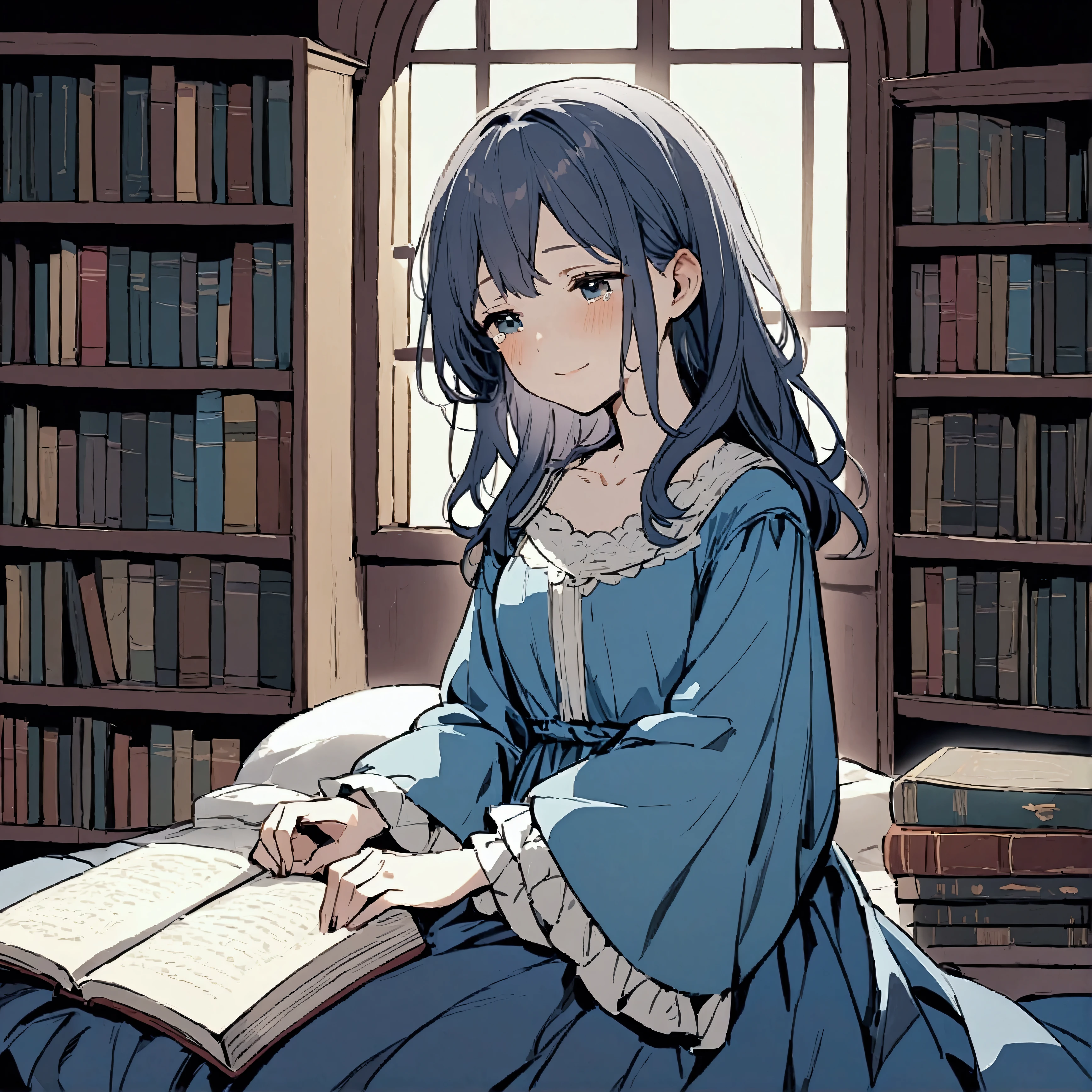 a sad woman in a blue dress, she quietly cried in bed, accepting it., Before a moonlit window surrounded by books, She has a smile on her face