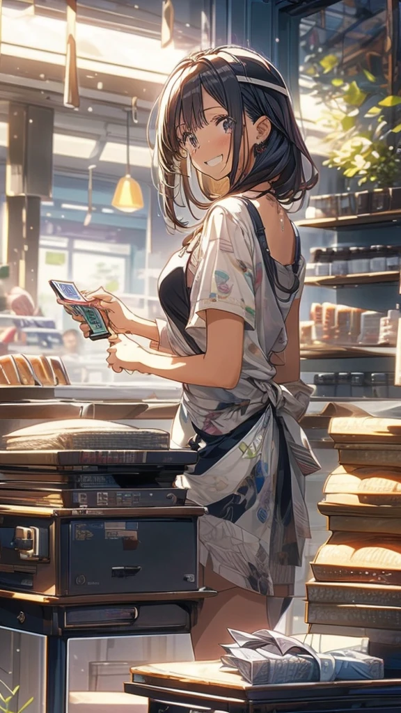 young woman,Facing forward,smile,((Standing inside the cash register)),Touching the cash register machine,Customer Service,((There is a cash register on the table)),(Scanning product barcodes at the cash register)),Supermarket clerk,Wearing an apron,uniform,((Working as a cashier)),((Cashier)),((cashier,register,)),((Receive money from customers)),There are products on the shelves,In the supermarket,Bright interior,grocery store
