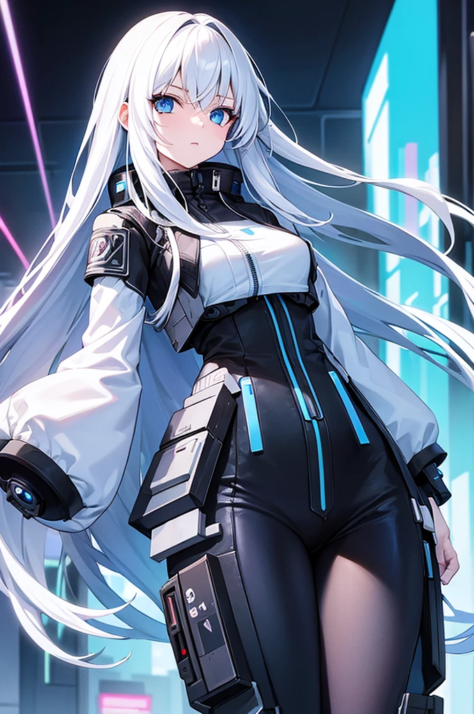 girl with white long hair and blue eyes, cyberpunk outfit, Staring upwards, white background