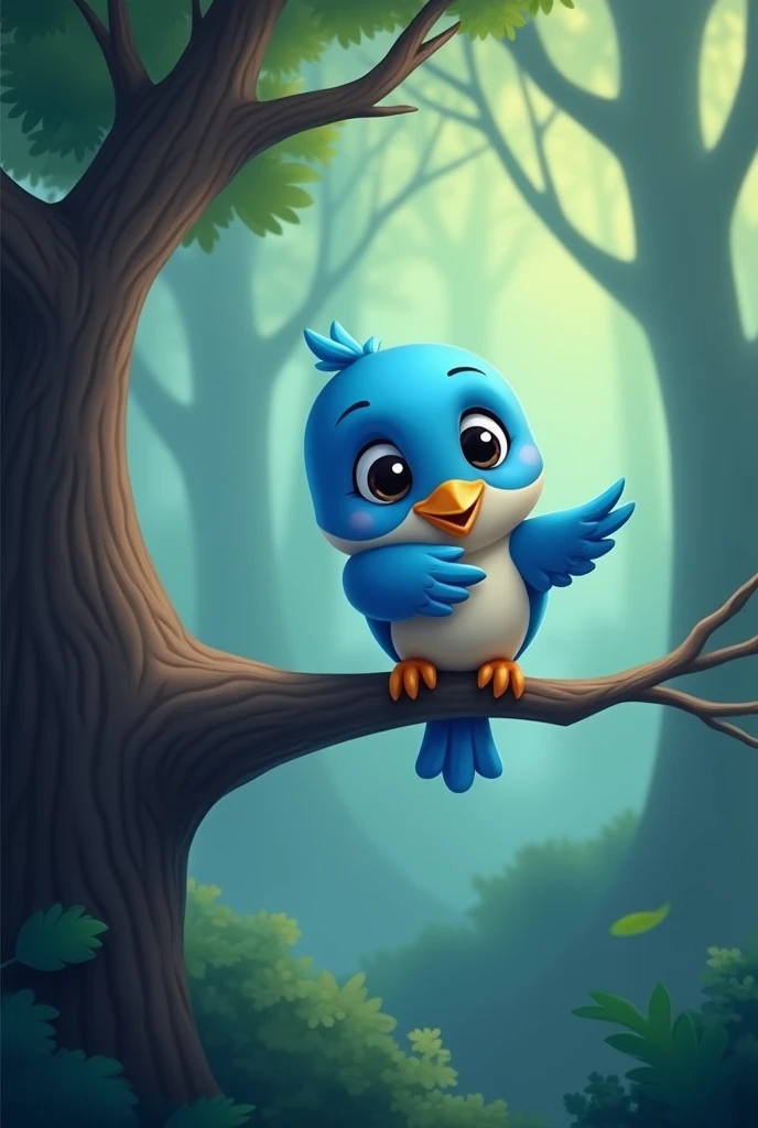 Cartoon bird on a tree branch in sad enchanted forest, bird_Nature, cute anthropomorphic bird, Birdie, Portrait of a bird, blue bird, cute cartoon character, anthropomorphic bird, official art, art of mobile games, flies through the sky