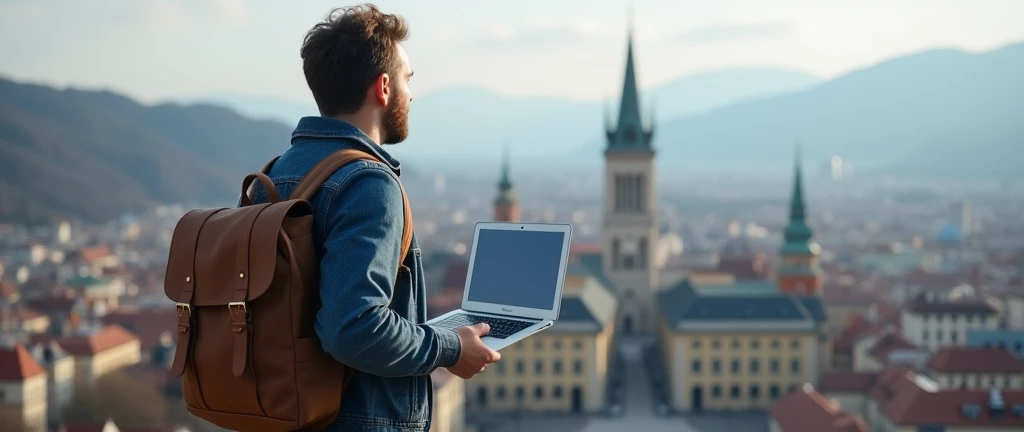 a man with a backpack on his back, holding a macbook in his right hand, looking from top to bottom, From the top of a tall mountain, a modern European city of today.
