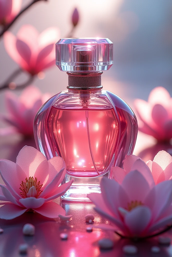 Unique perfume , with critical notes, unique and elegant design, pink color with unique combinations , with magnolia flowers under the glass jar and presents a box where the perfume would be made 