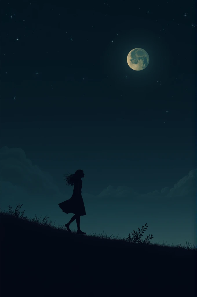 The silhouette of a woman walking alone under the dark night sky