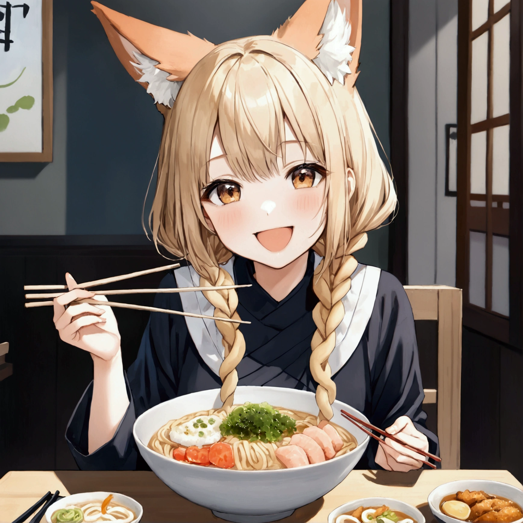 One person,Fox-eared girl,Udon、(((深い器の中に薄っぺらいお揚げの入ったUdon)))、,Chopsticks in the right hand,eat, looks happy、cute、Realistic Anime、